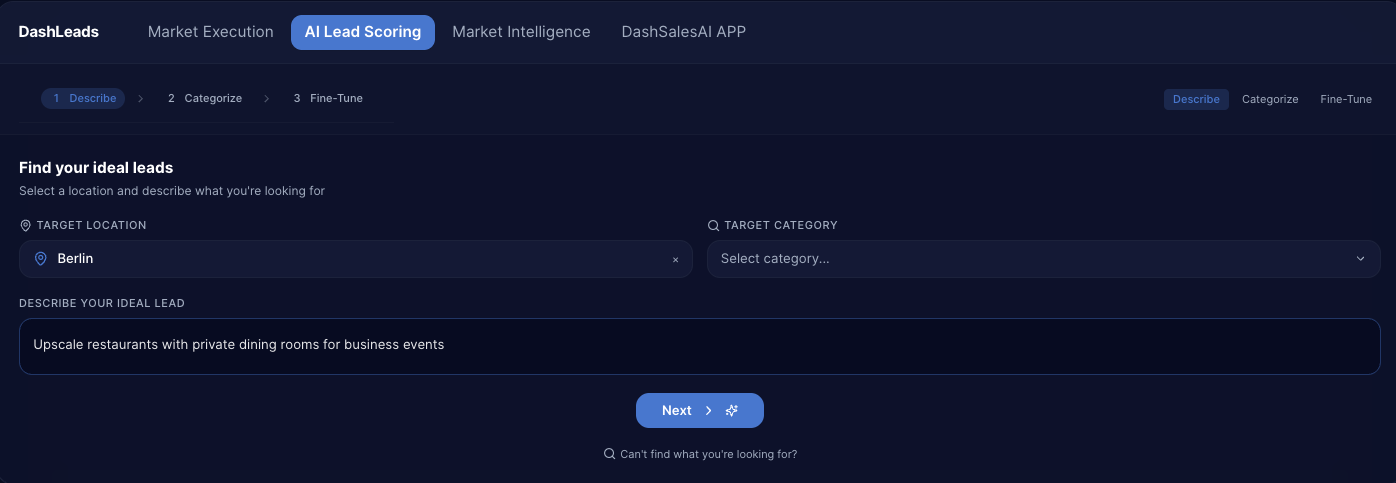 DashLeads lead scoring set-up: pick a target location and describe your ideal account in plain words, here 'upscale restaurants with private dining rooms for business events' in Berlin