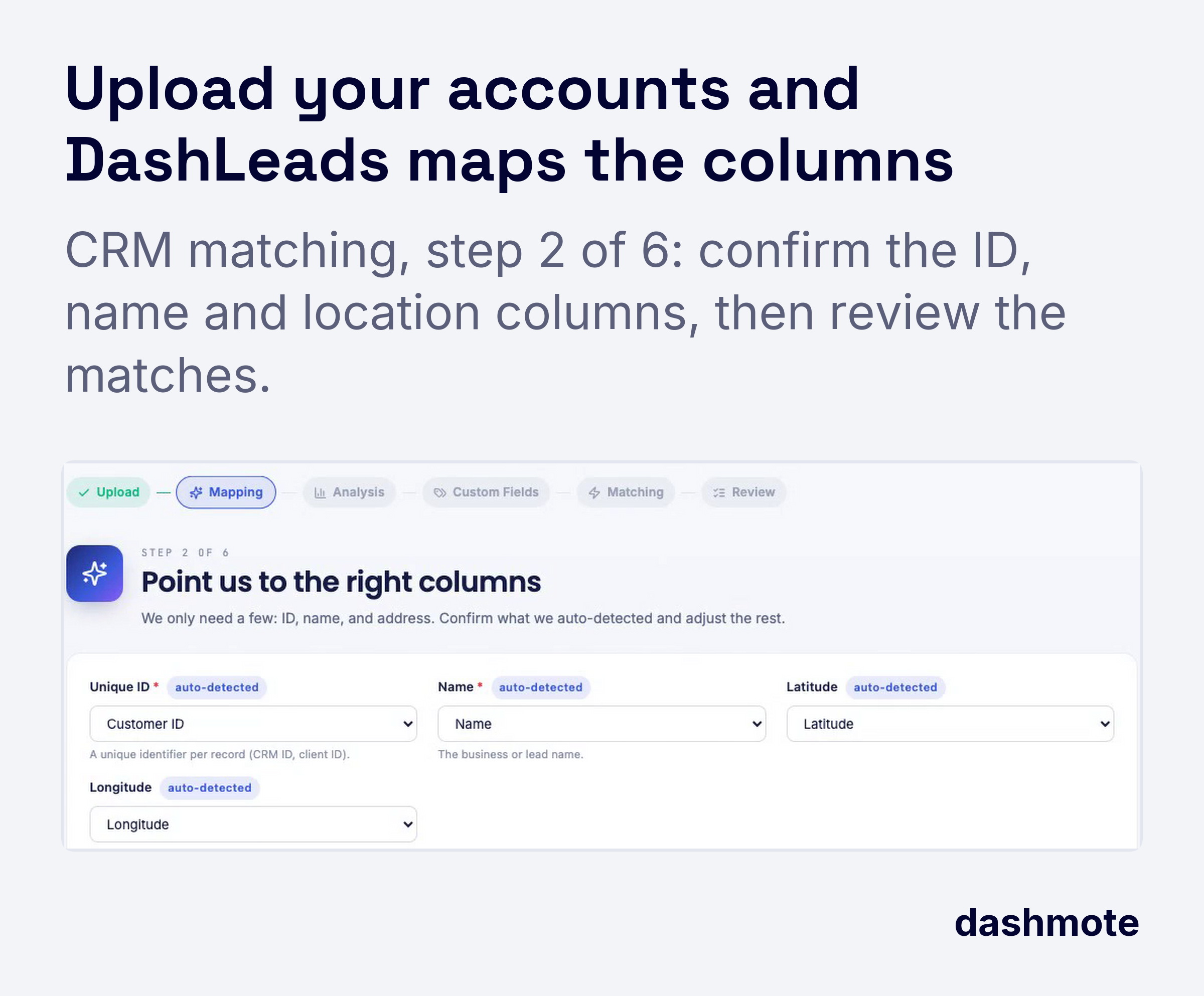 Screenshot of DashLeads CRM matching, step 2 of 6: the ID, name, latitude and longitude columns of an uploaded account list are auto-detected, ready to confirm before the matches are reviewed.