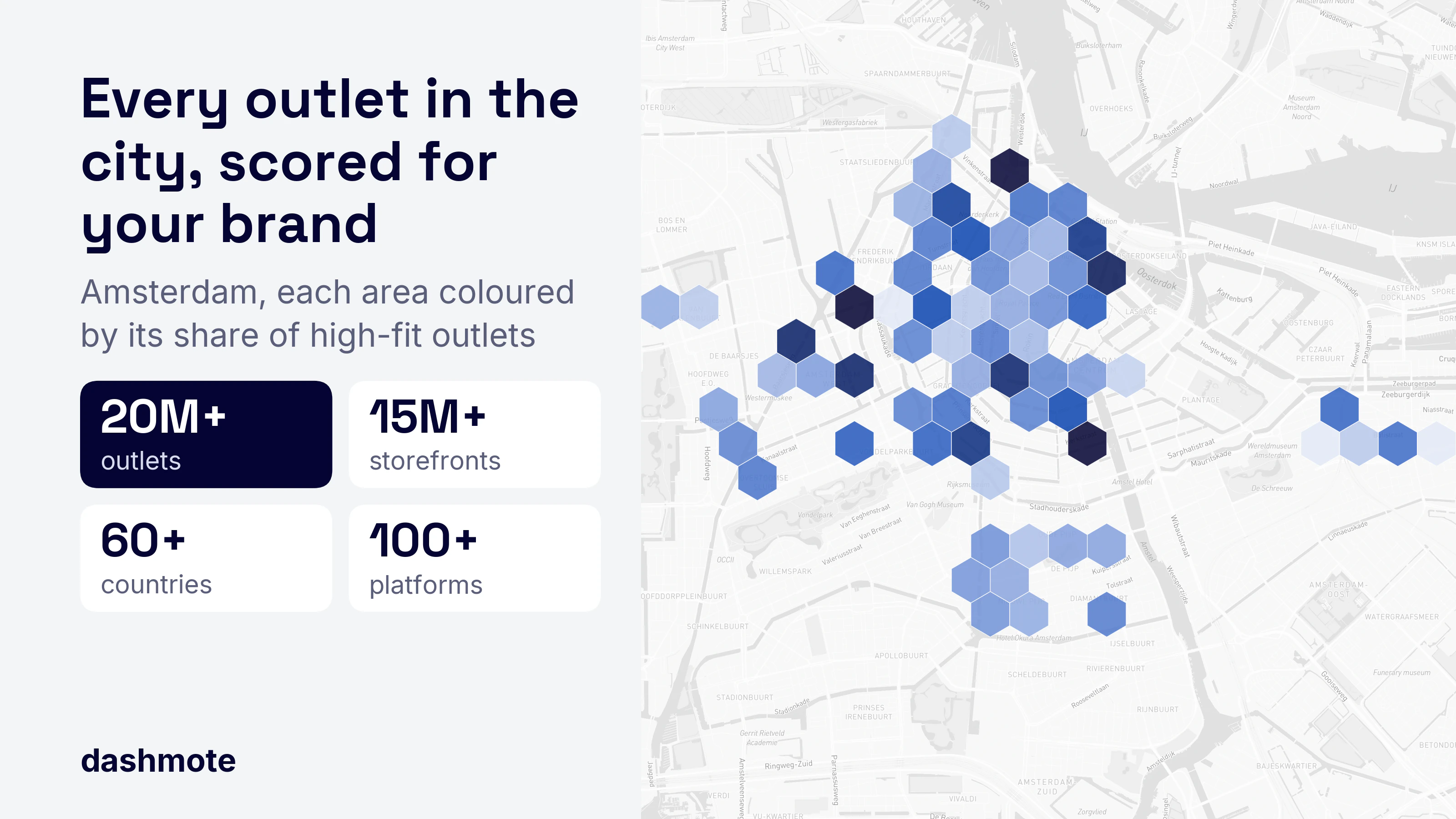 Map of Amsterdam in hexagons, darker where more outlets score as a high fit for a brand.